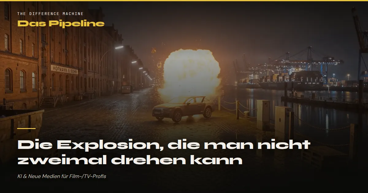 Die Explosion, die man nicht zweimal drehen kann — ein generierter Auto-Zerstörungstest an einem nächtlichen Hamburger Kai