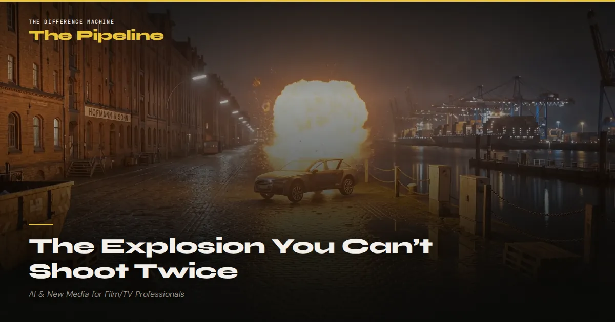 The Explosion You Can't Shoot Twice — a generated car-destruction test on a night-time Hamburg quay