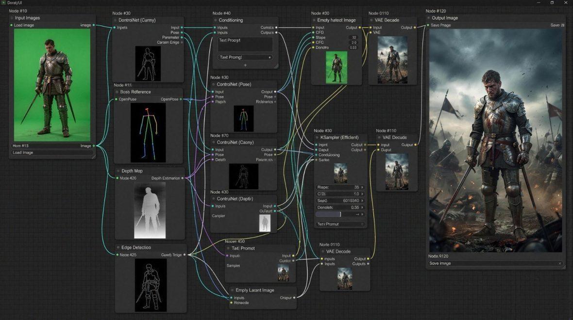Ein Node-Graph einer einzelnen Einstellung: Greenscreen-Input, Pose-, Tiefen- und Kantensteuerung bis zum finalen Bild.