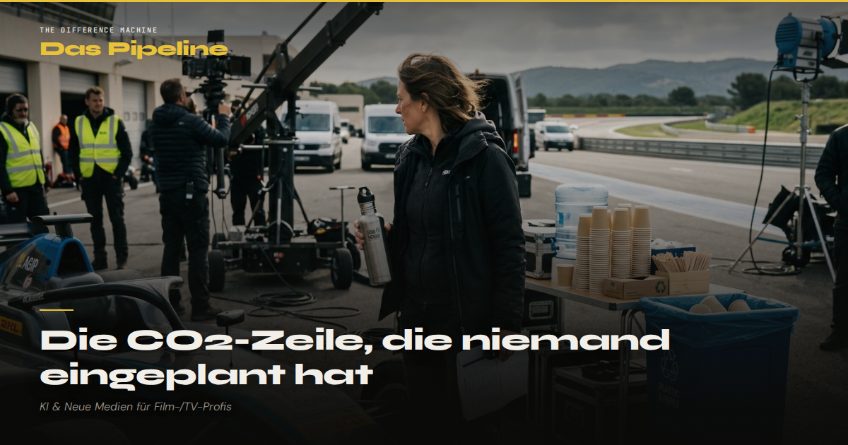 The Difference Machine — Das Pipeline. Eine Herstellungsleitung hält eine Mehrwegflasche neben der Recyclingstation am Set.