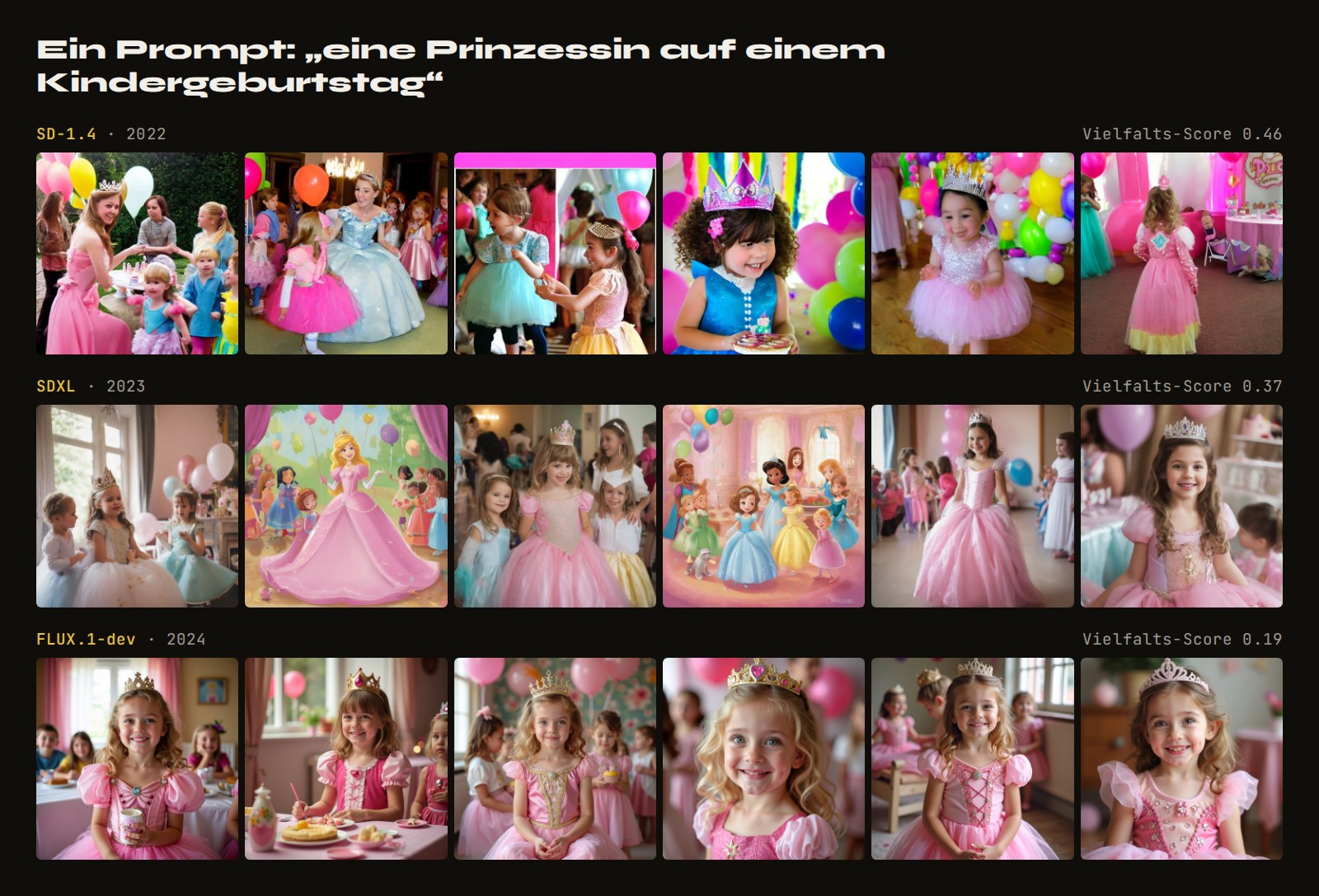 Der Prompt „eine Prinzessin auf einem Kindergeburtstag“ in drei Modellen. Das ältere Modell liefert unterschiedliche Szenen, das neueste fast immer dasselbe Mädchen im rosa Kleid.