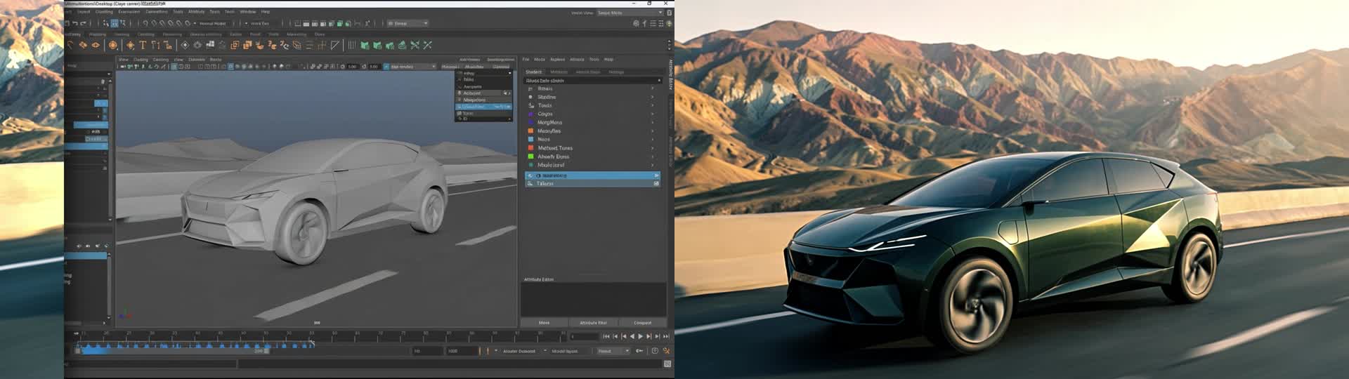 Ein graues 3D-Modell eines Autos auf einer Straße und die fertige Einstellung des Autos in einer Berglandschaft.