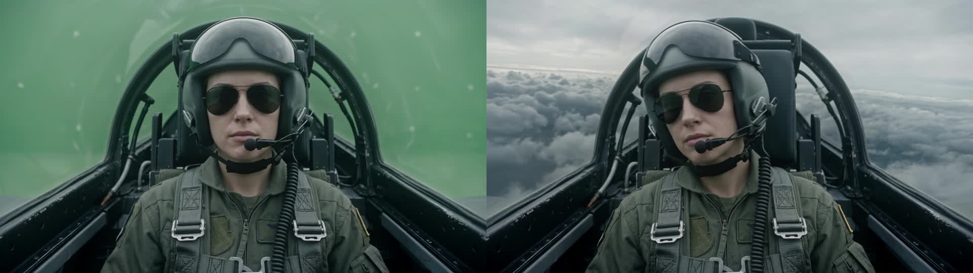 Eine Pilotin im Cockpit vor Greenscreen und dasselbe Bild mit Wolken im Hintergrund.