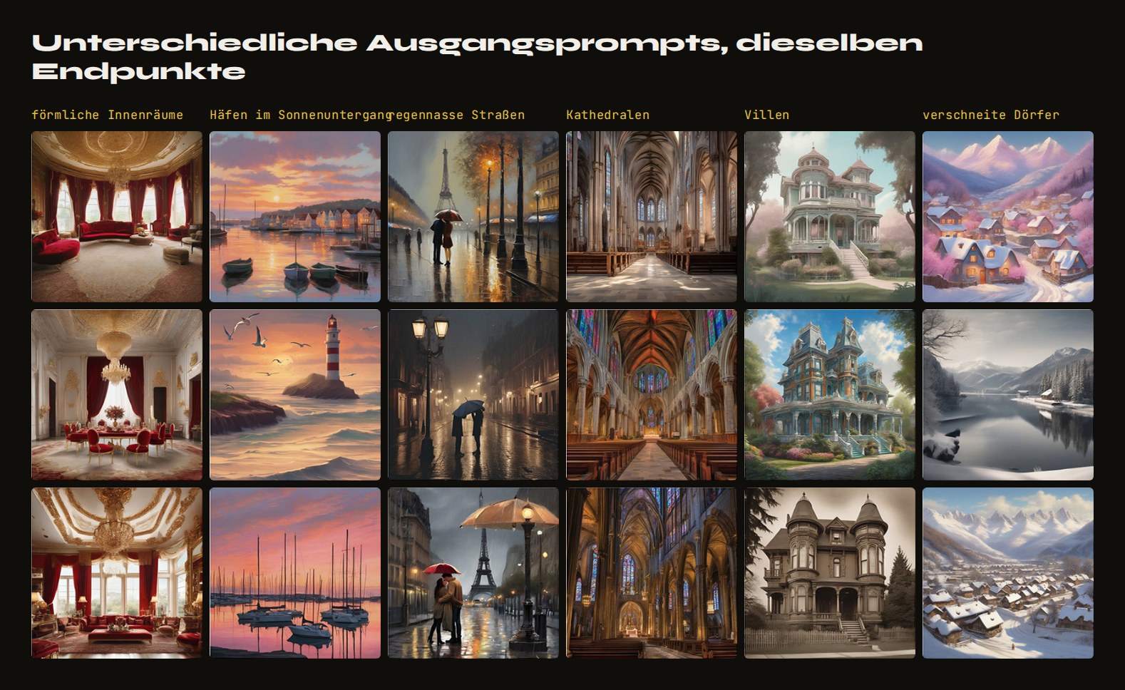 Endbilder von Ketten, die mit völlig unterschiedlichen Prompts begannen, gruppiert nach dem Motiv, in dem sie endeten: Stadionjubel, Innenräume in Rot und Gold, Häfen im Sonnenuntergang, regennasse Straßen, Kathedralen, Burgen, Villen, verschneite Dörfer, Pferde.