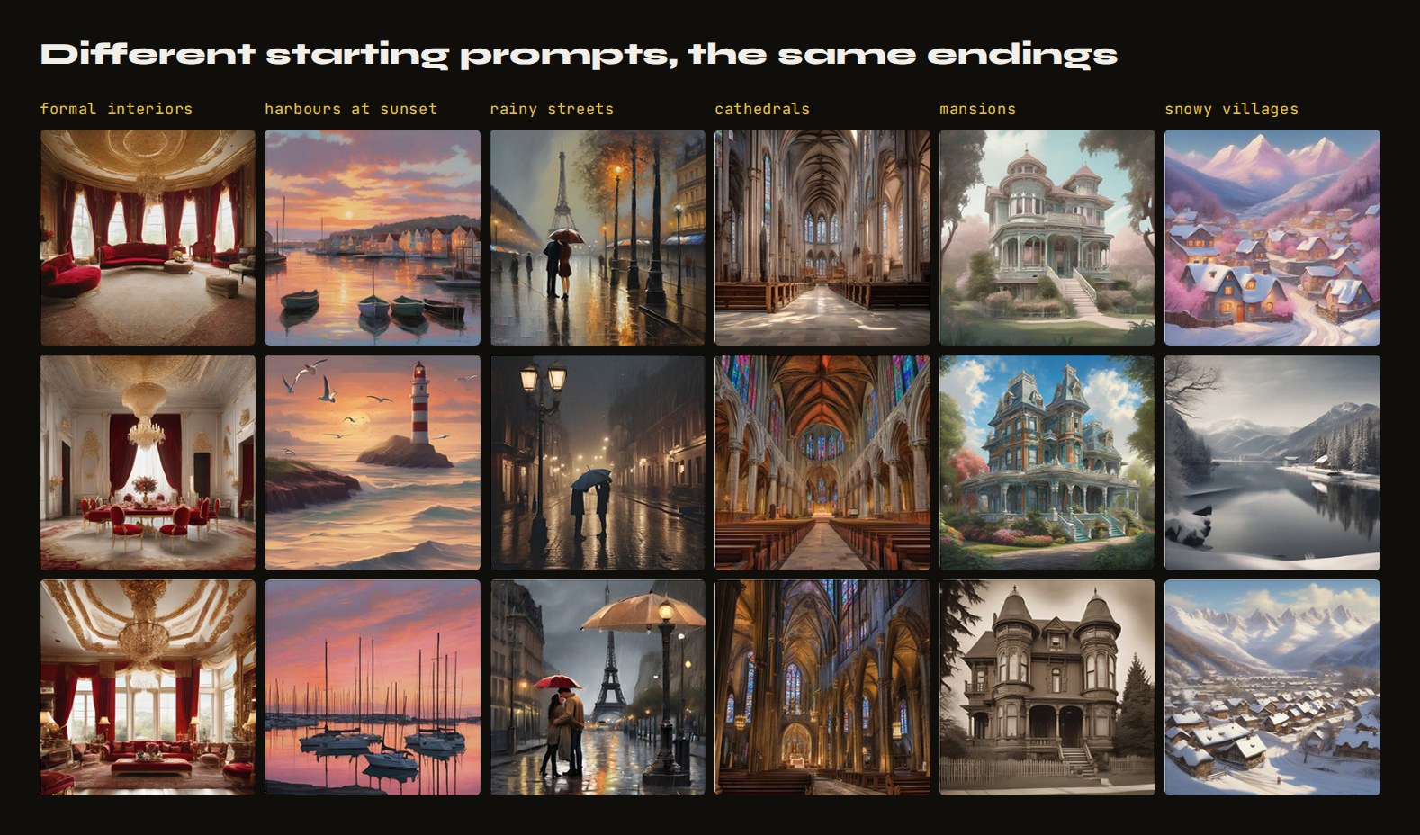 Final images of chains that started from completely different prompts, grouped by the motif they ended in: stadium celebrations, red-and-gold interiors, harbours at sunset, rainy streets, cathedrals, castles, mansions, snowy villages, horses.