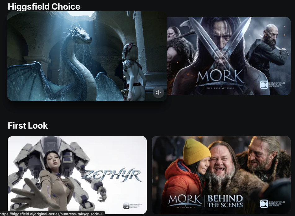 Das Slate der Higgsfield Original Series, ein Raster KI-generierter Serientitel.